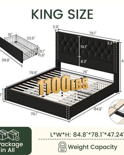 Vella Linen Upholstered Bed Frame with Storage, 4 Drawers