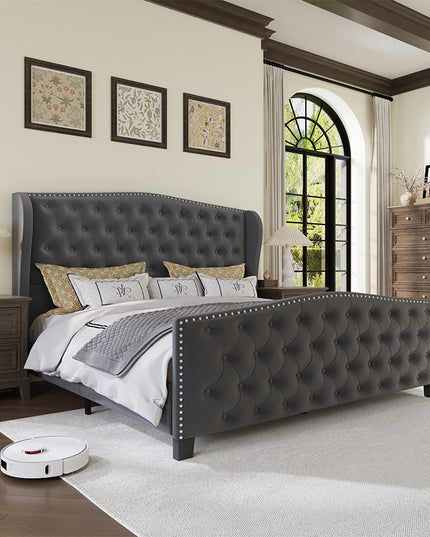 Larmace Upholstered Wingback Bed with High Tufted Headboard for Bedroom, KING SIZE Dark Grey