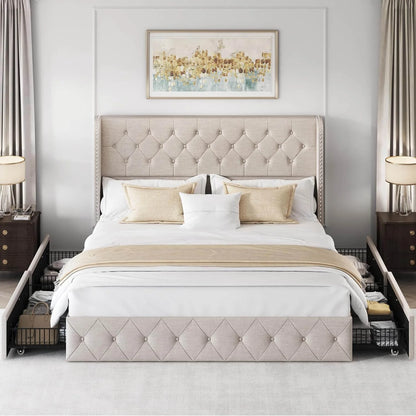 Larmace Modern Upholstered Platform Bed Frame with Button Tufted Velvet Wingback Headboard, 4 Storage Drawers Underneath