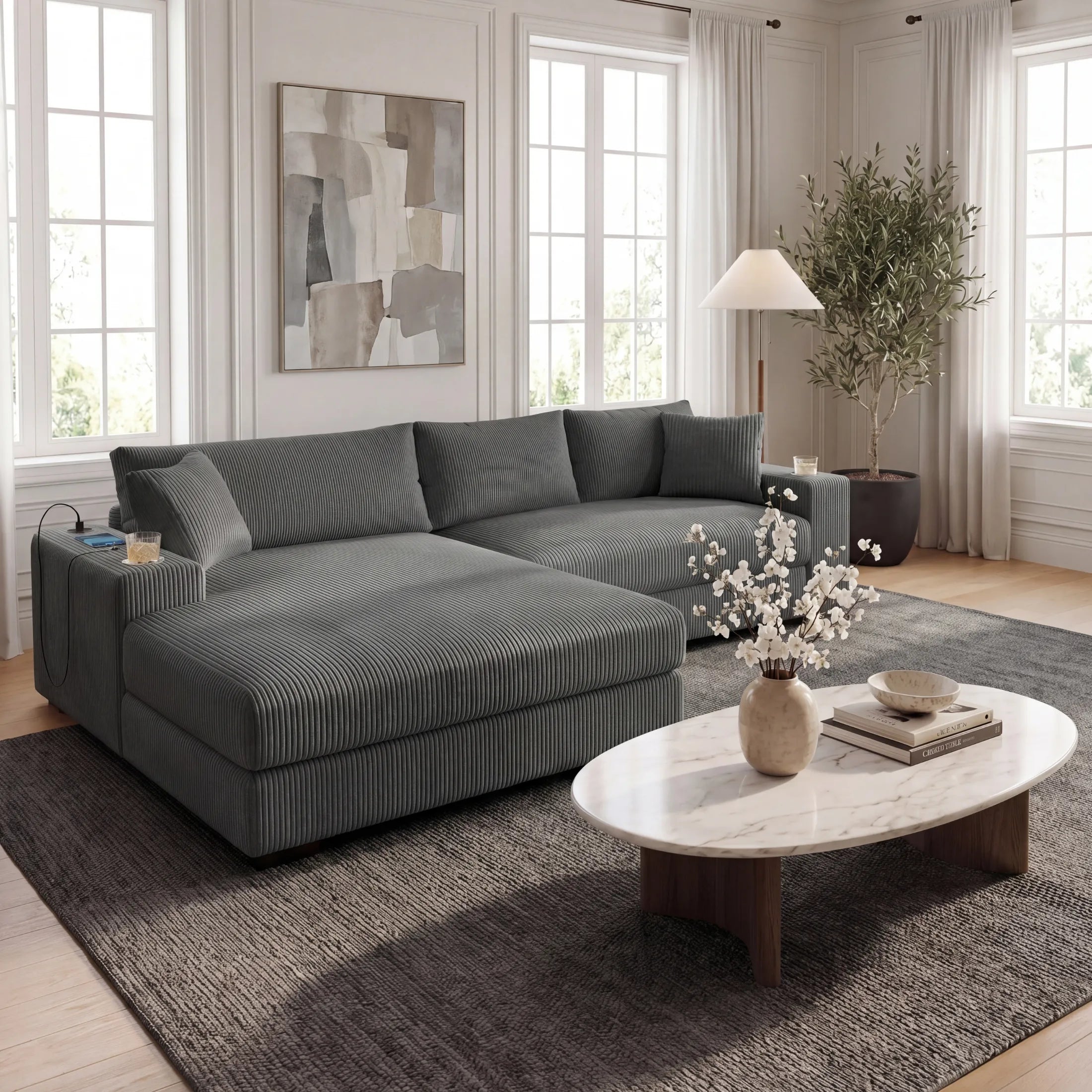 Kova 111" L-Shaped Chaise Longue Sofa  | USB-C Charging  |  Cup Holders