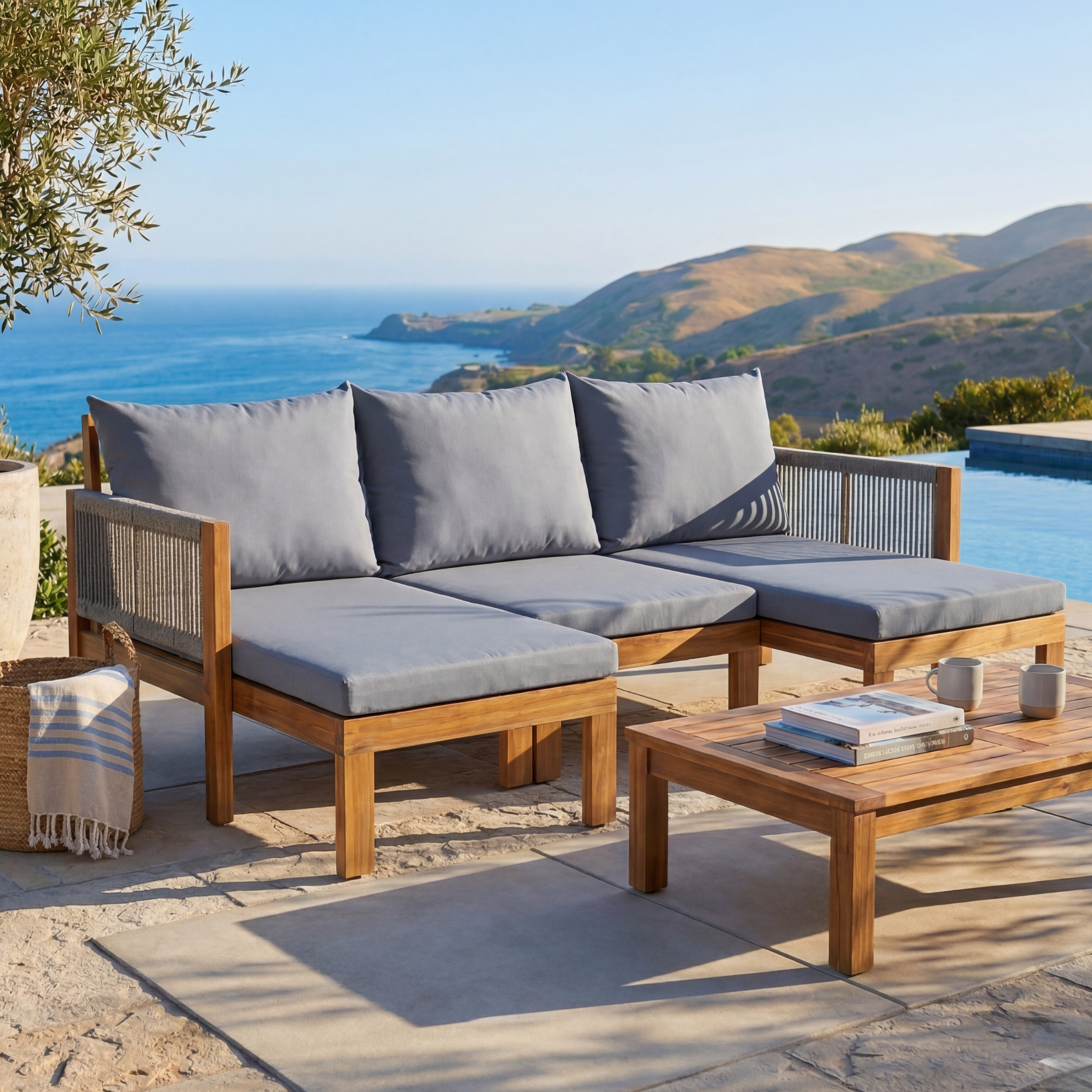 Luvia 3 Seat Acacia Wood Outdoor Sofa, 4 in 1 All-Weather Daybed