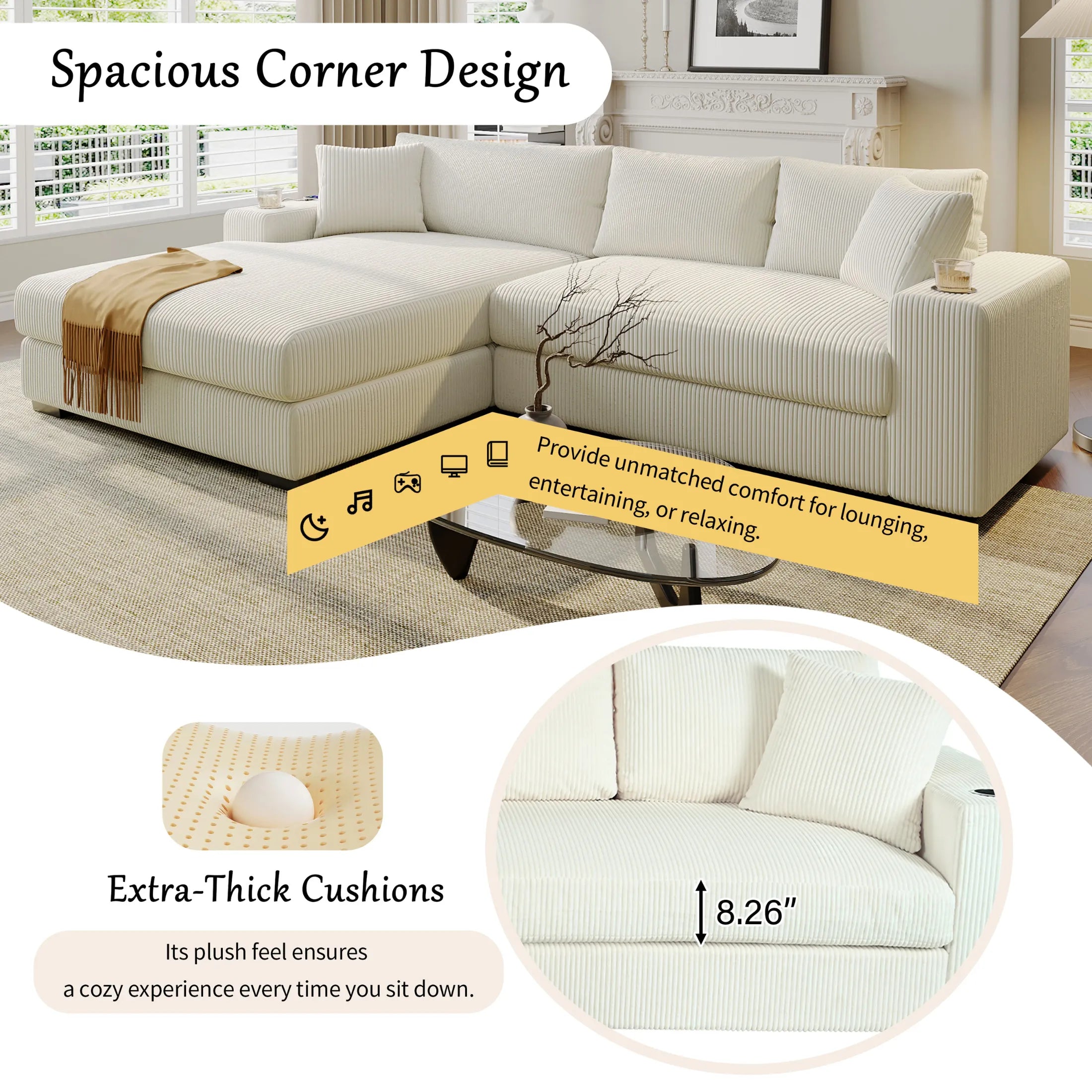 Kova 111" L-Shaped Chaise Longue Sofa  | USB-C Charging  |  Cup Holders