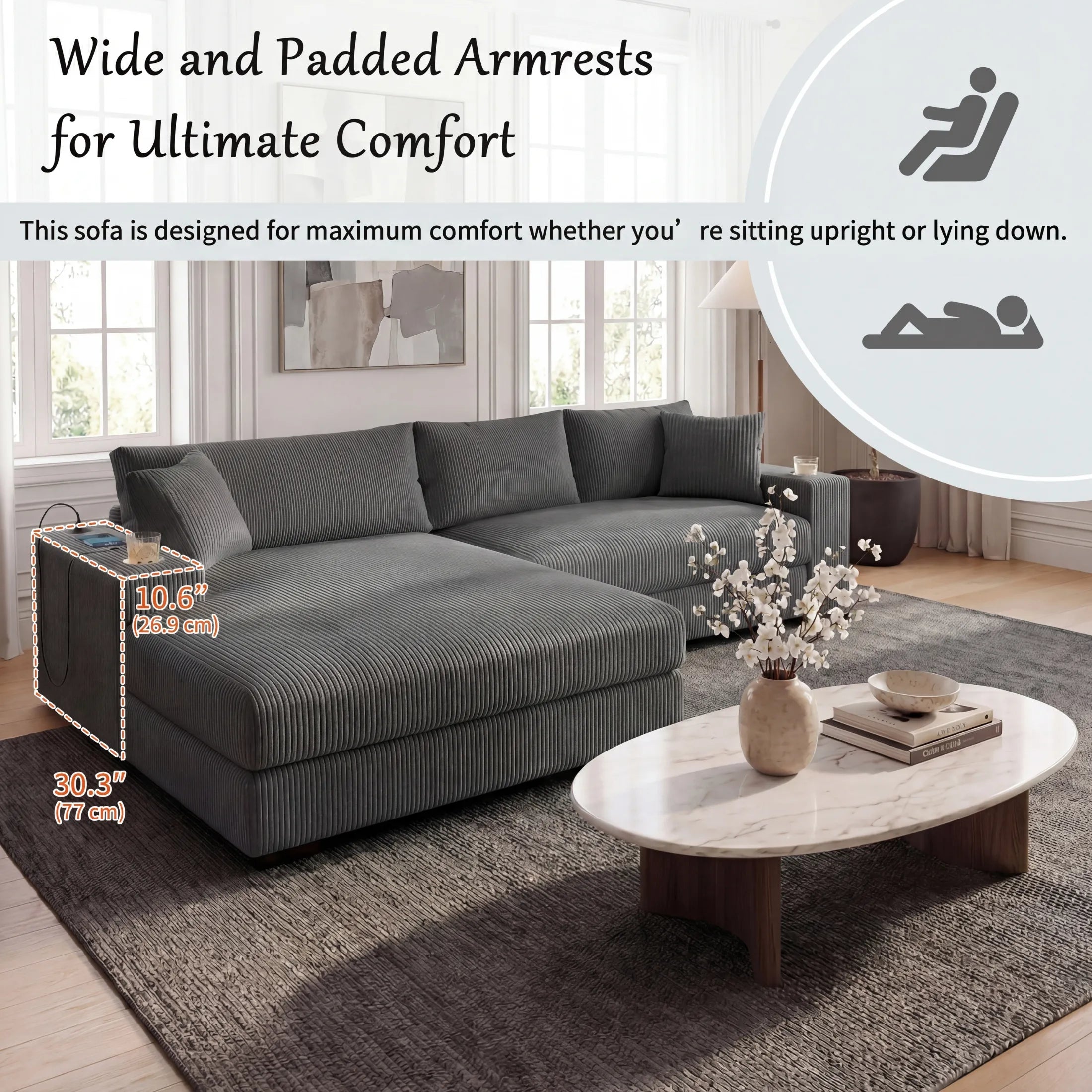 Kova 111" L-Shaped Chaise Longue Sofa  | USB-C Charging  |  Cup Holders