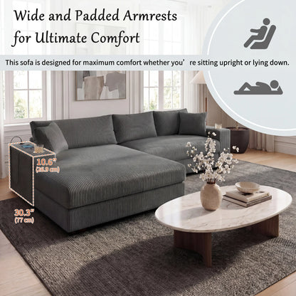 Kova 111" L-Shaped Chaise Longue Sofa  | USB-C Charging  |  Cup Holders