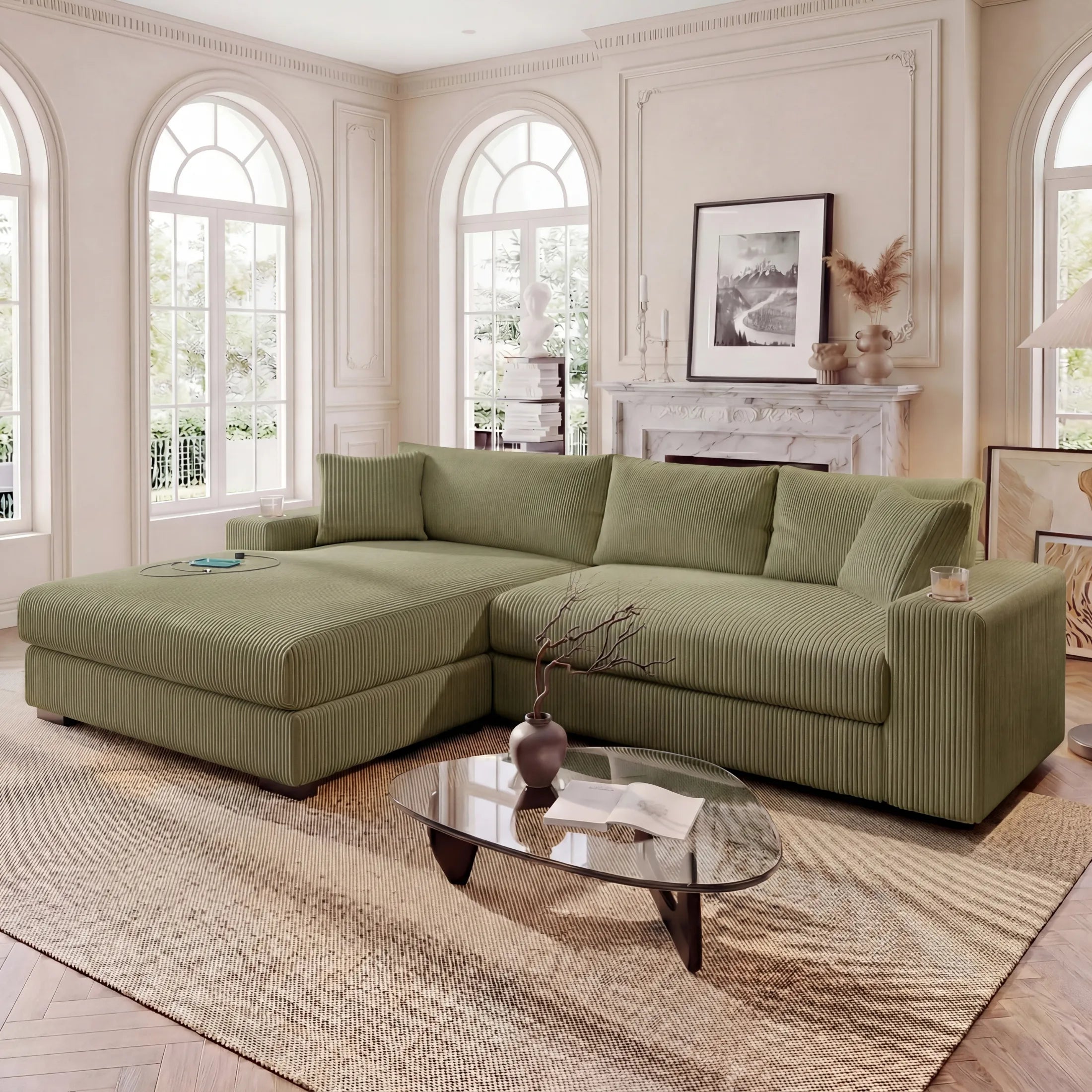 Kova 111" L-Shaped Chaise Longue Sofa  | USB-C Charging  |  Cup Holders