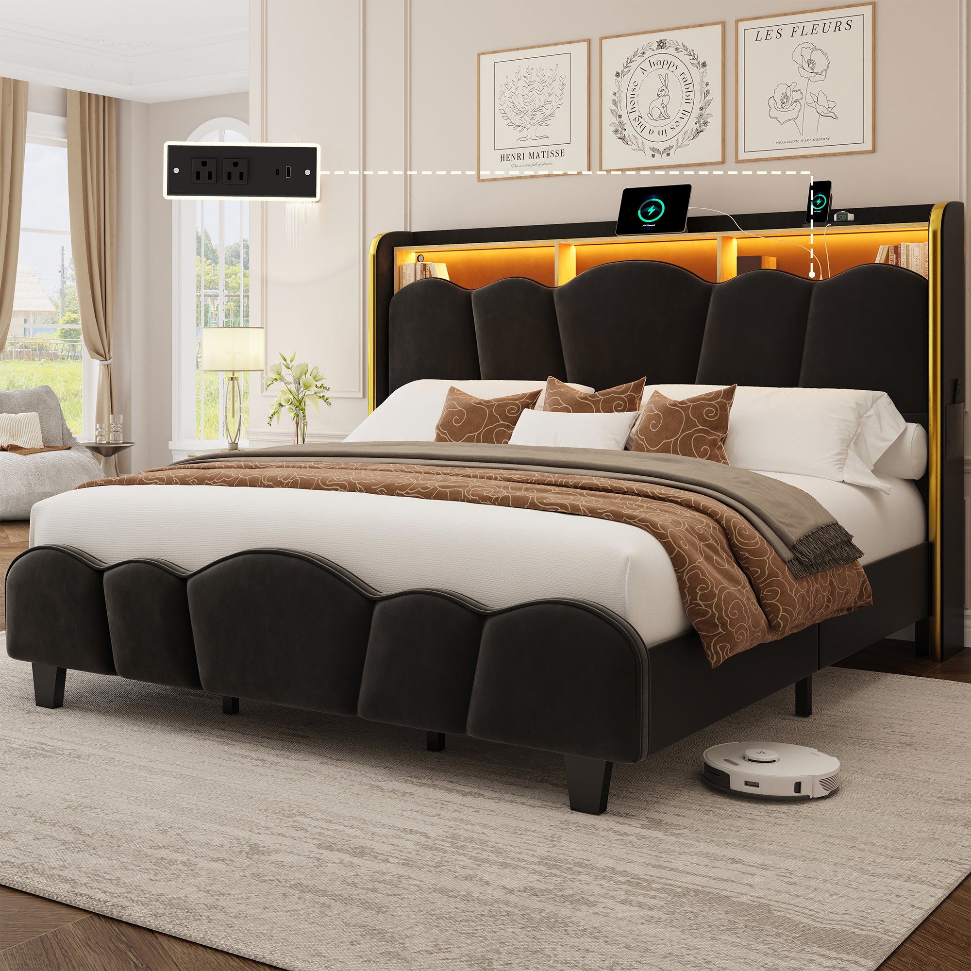 Melora Arch Headboard Velvet Upholstered Bed Frame