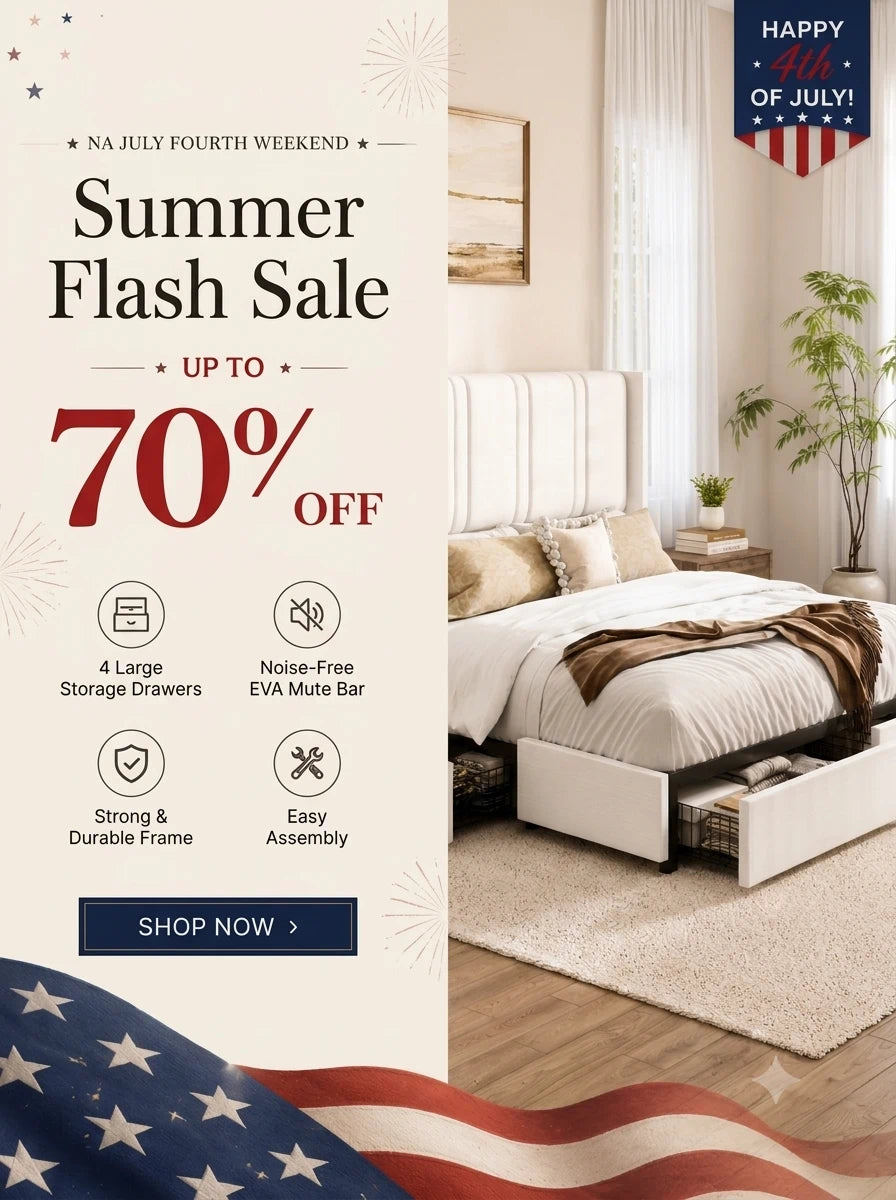 Queen and king size storage bed frame sale for 4th of July weekend by Larmace, with four storage drawers and durable frame