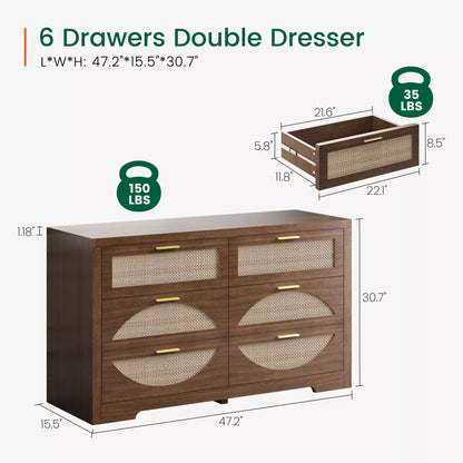 Arched Boho Rattan 6 Drawer Dressers-Walnet / Oak
