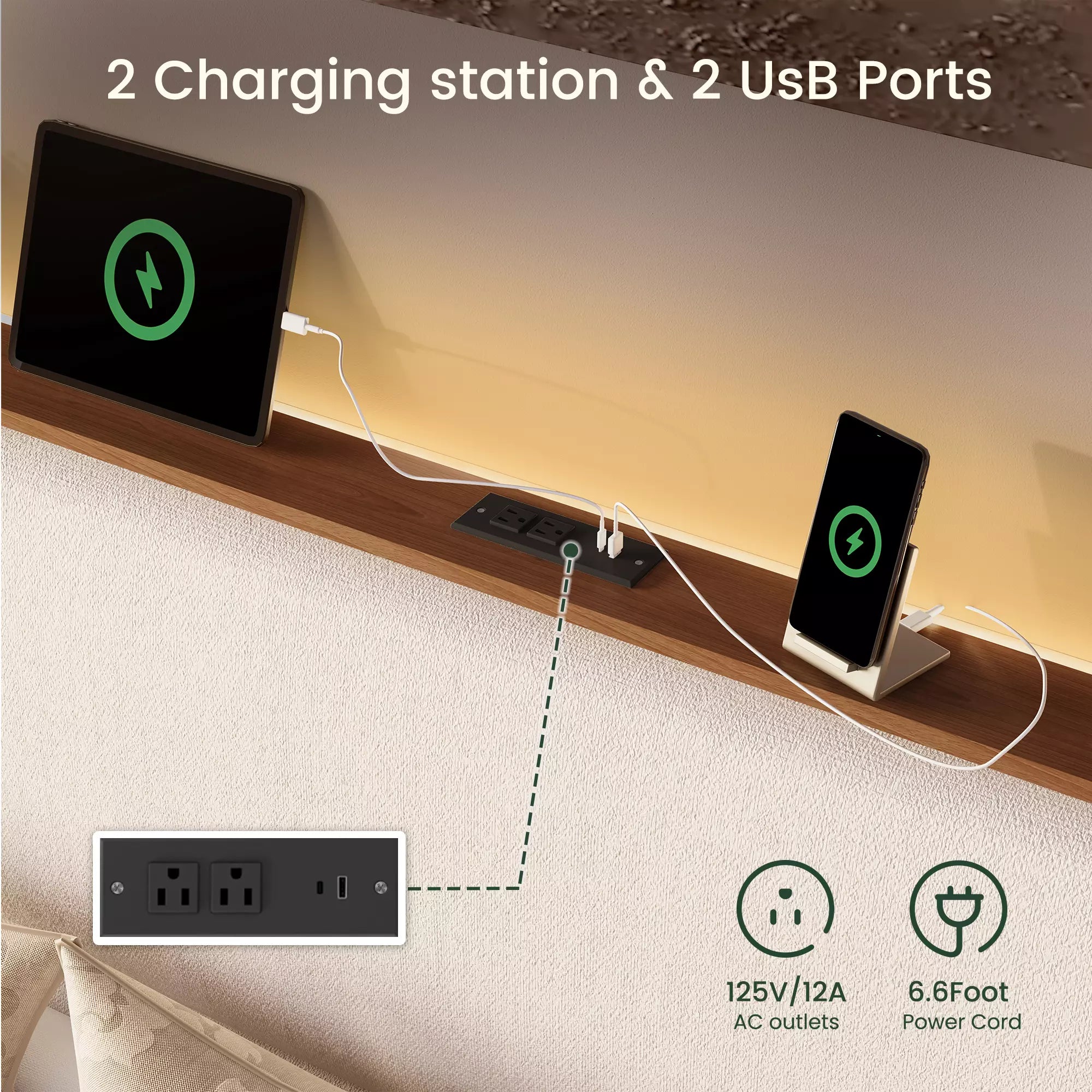 Arc Tall Headbaord Linen Upholstered Platform Bed Frame with LED Lights & Charging Station