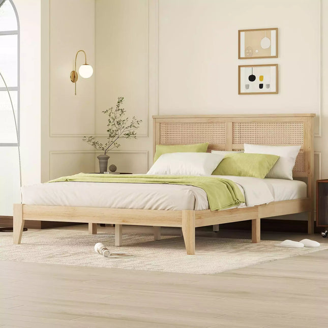 Montage Queen Size Rubber Wood Bed Frame, Rattan Headboard