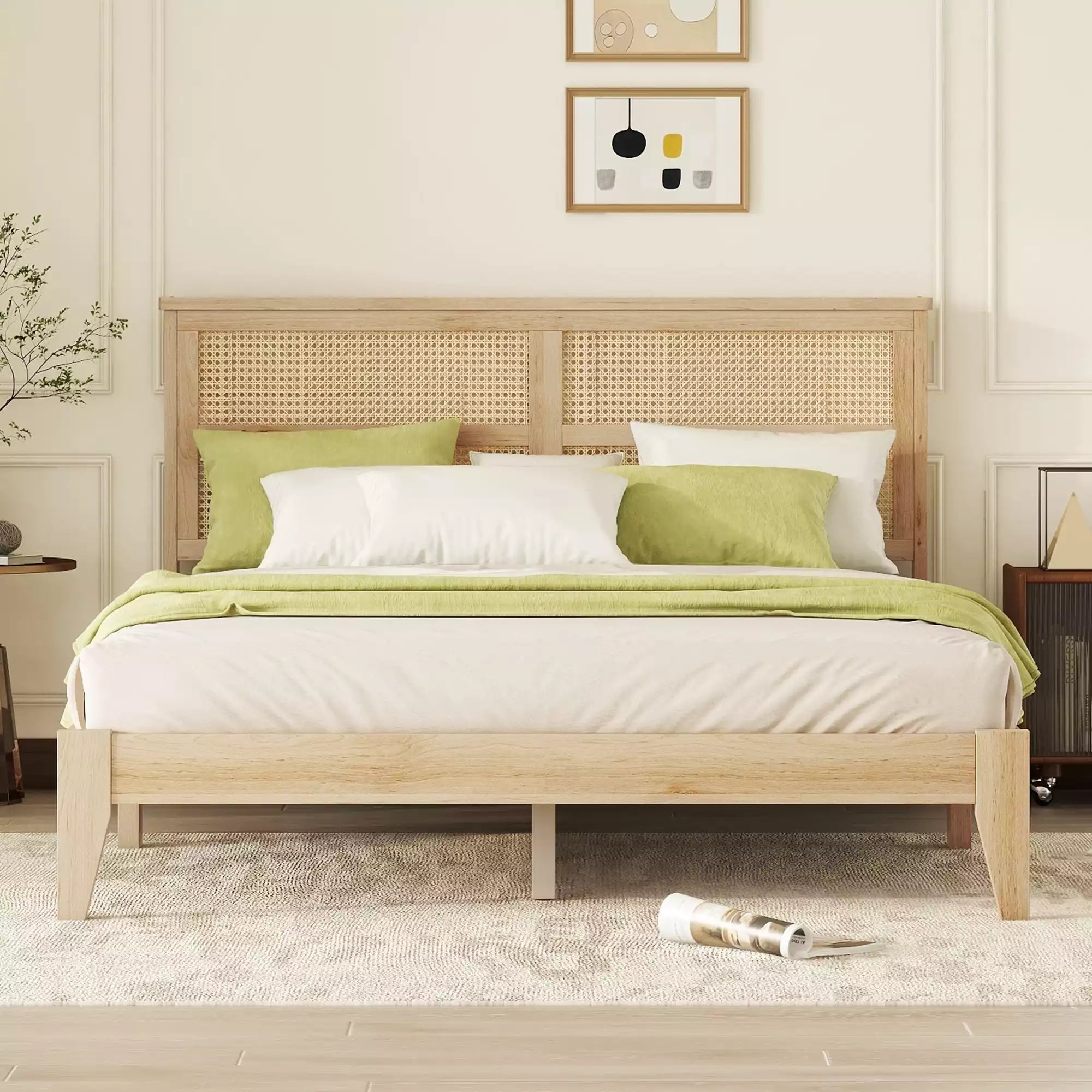 Montage Queen Size Rubber Wood Bed Frame, Rattan Headboard