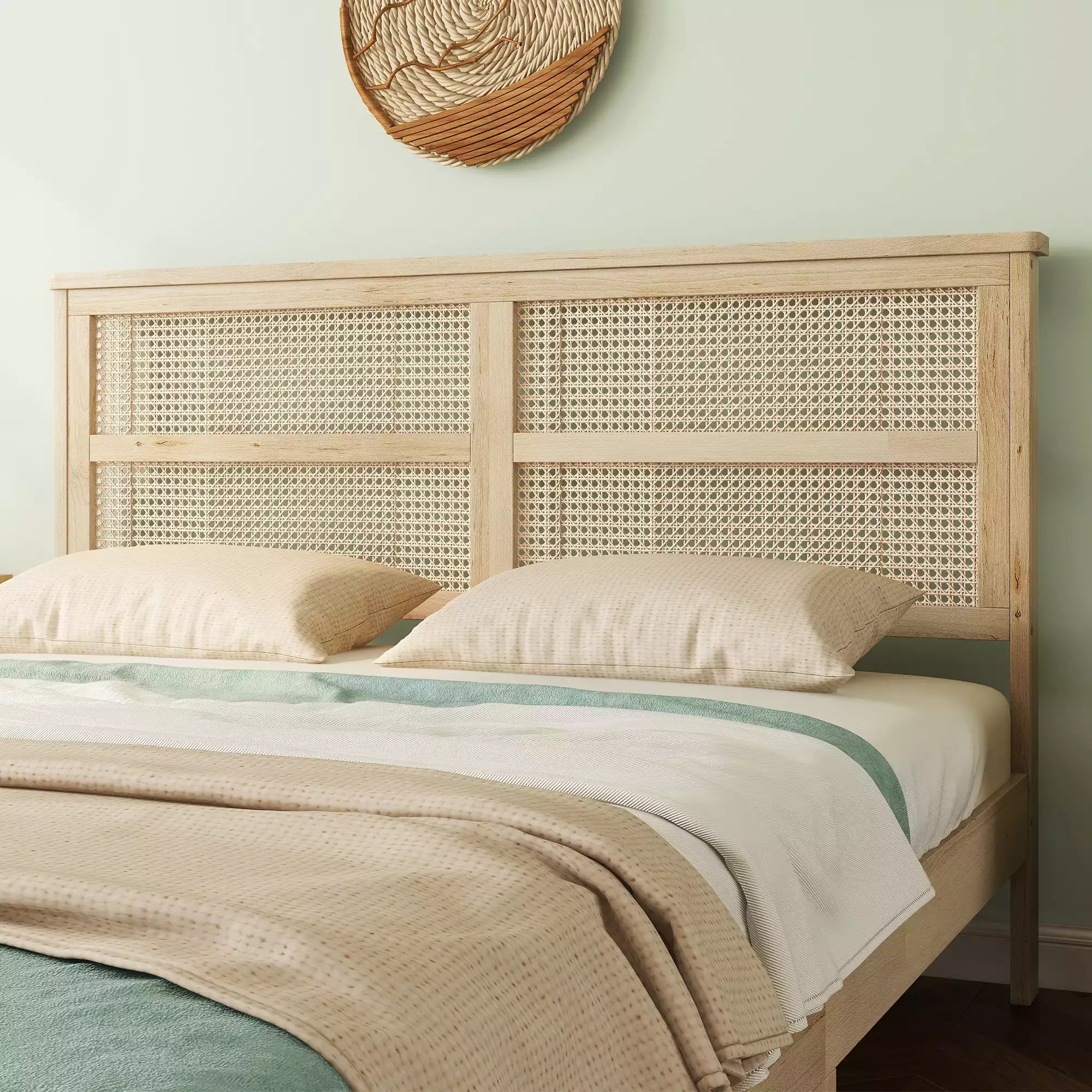 Montage Queen Size Rubber Wood Bed Frame, Rattan Headboard