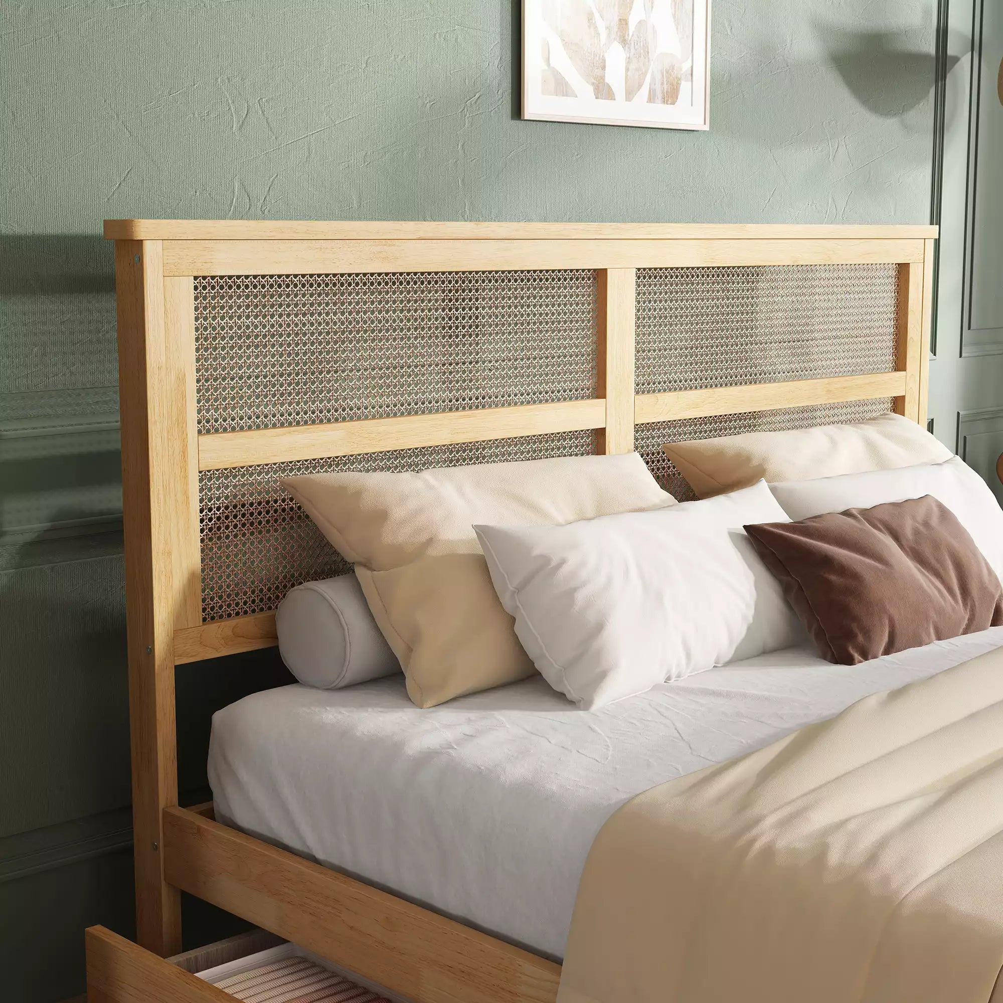 Arden Rubber Wood Bed Frame with Rattan Headboard, Two Storage Drawers