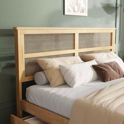 Arden Rubber Wood Bed Frame with Rattan Headboard, Two Storage Drawers