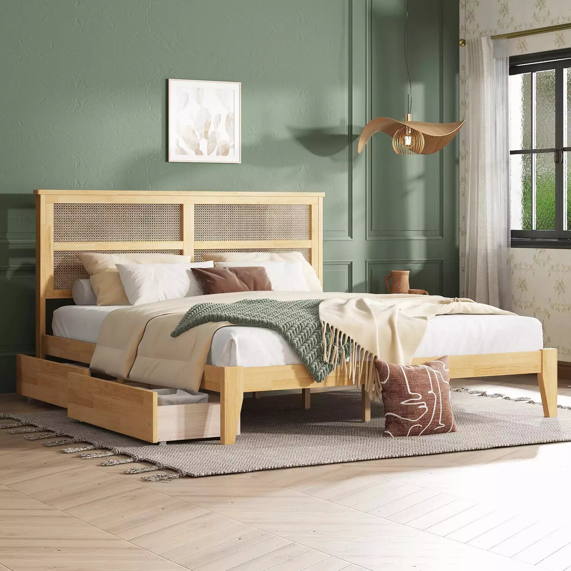 Arden Rubber Wood Bed Frame with Rattan Headboard, Two Storage Drawers