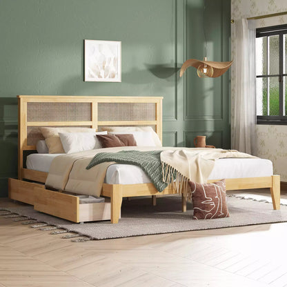 Arden Rubber Wood Bed Frame with Rattan Headboard, Two Storage Drawers