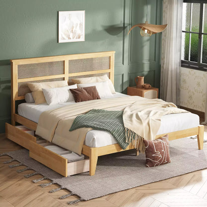 Arden Rubber Wood Bed Frame with Rattan Headboard, Two Storage Drawers