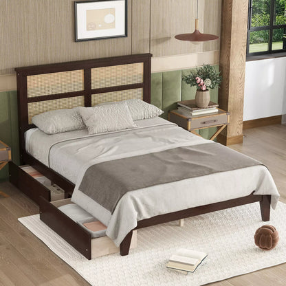 Arden Rubber Wood Bed Frame with Rattan Headboard, Two Storage Drawers