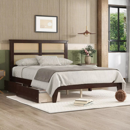 Arden Rubber Wood Bed Frame with Rattan Headboard, Two Storage Drawers