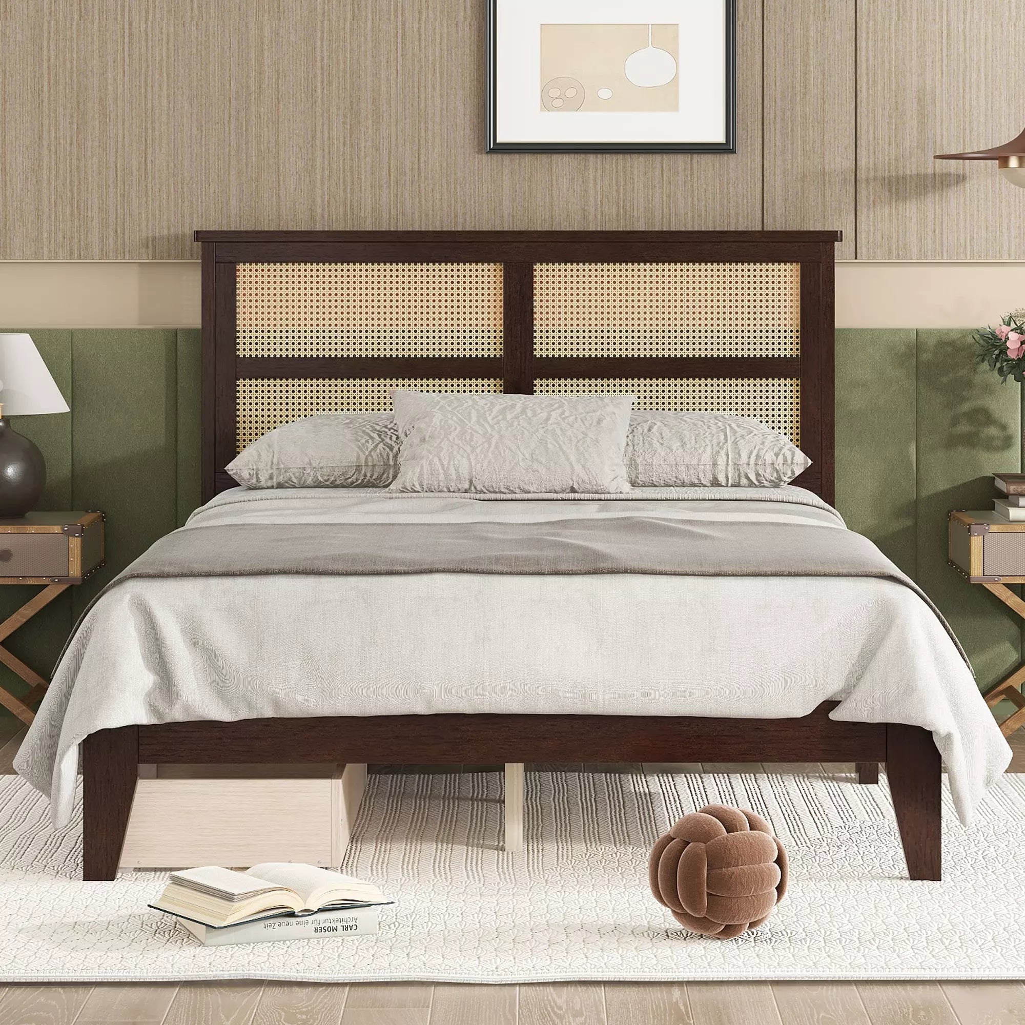 Arden Rubber Wood Bed Frame with Rattan Headboard, Two Storage Drawers