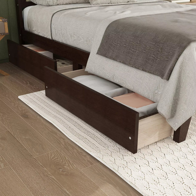 Arden Rubber Wood Bed Frame with Rattan Headboard, Two Storage Drawers