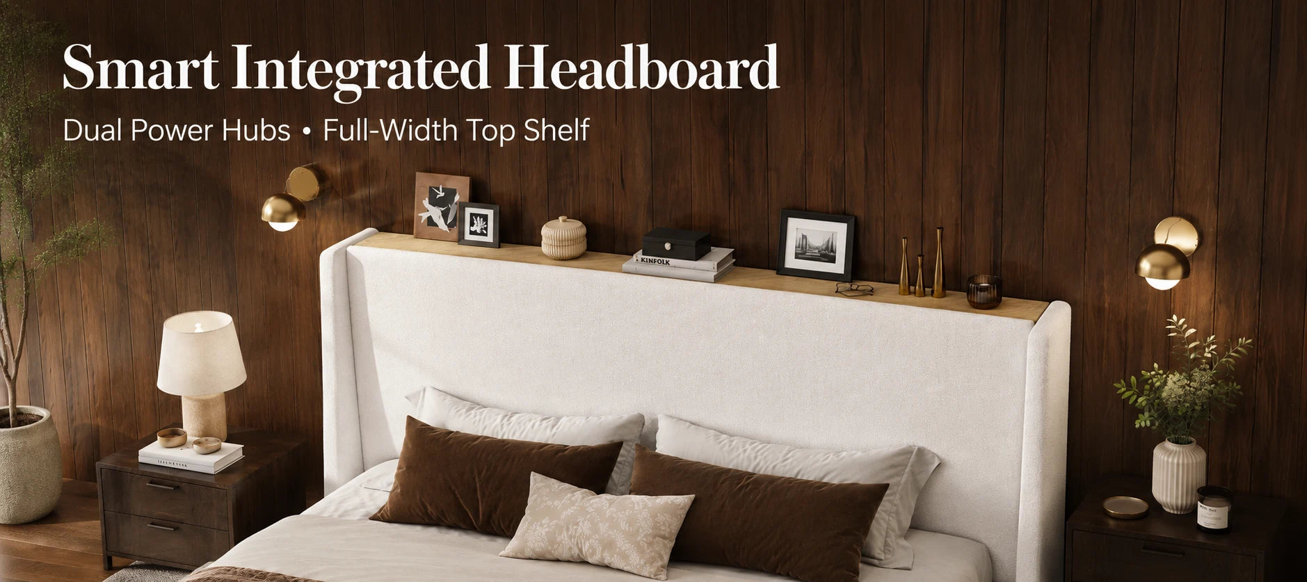 Smart integrated headboard with dual power hubs and full-width top shelf in a bedroom setting.