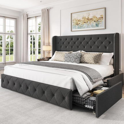 Koral Upholstered King Size Bed Frame with Storage Drawers,Tufted Wingback Headboard Dark Grey