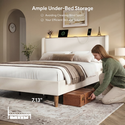 Arc Linen Tall Headbaord Storage Bed Frame with  Led & Charging