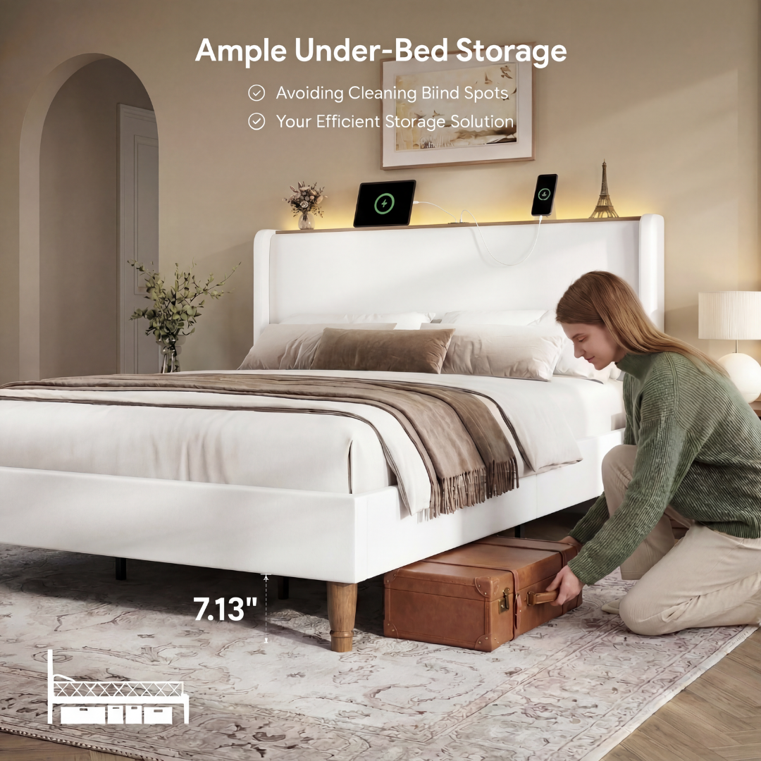 Arc Linen Tall Headbaord Storage Bed Frame with  Led & Charging