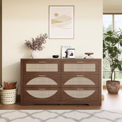 Arched Boho Rattan 6 Drawer Dressers-Walnet / Oak
