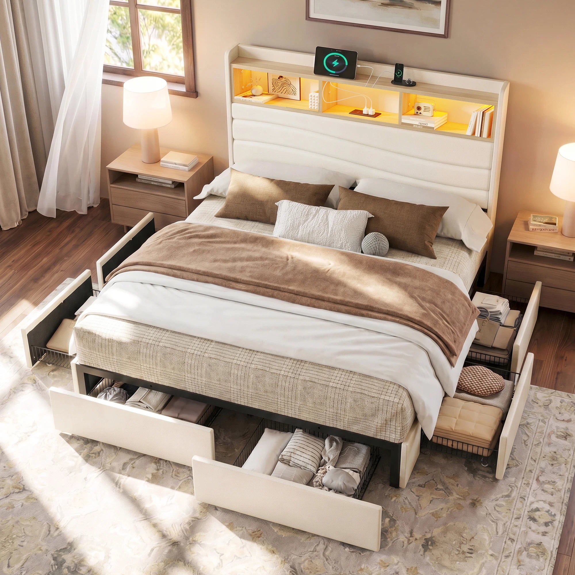 Top view of the Aura beige upholstered storage platform bed frame with six rolling drawers open beneath the bed.