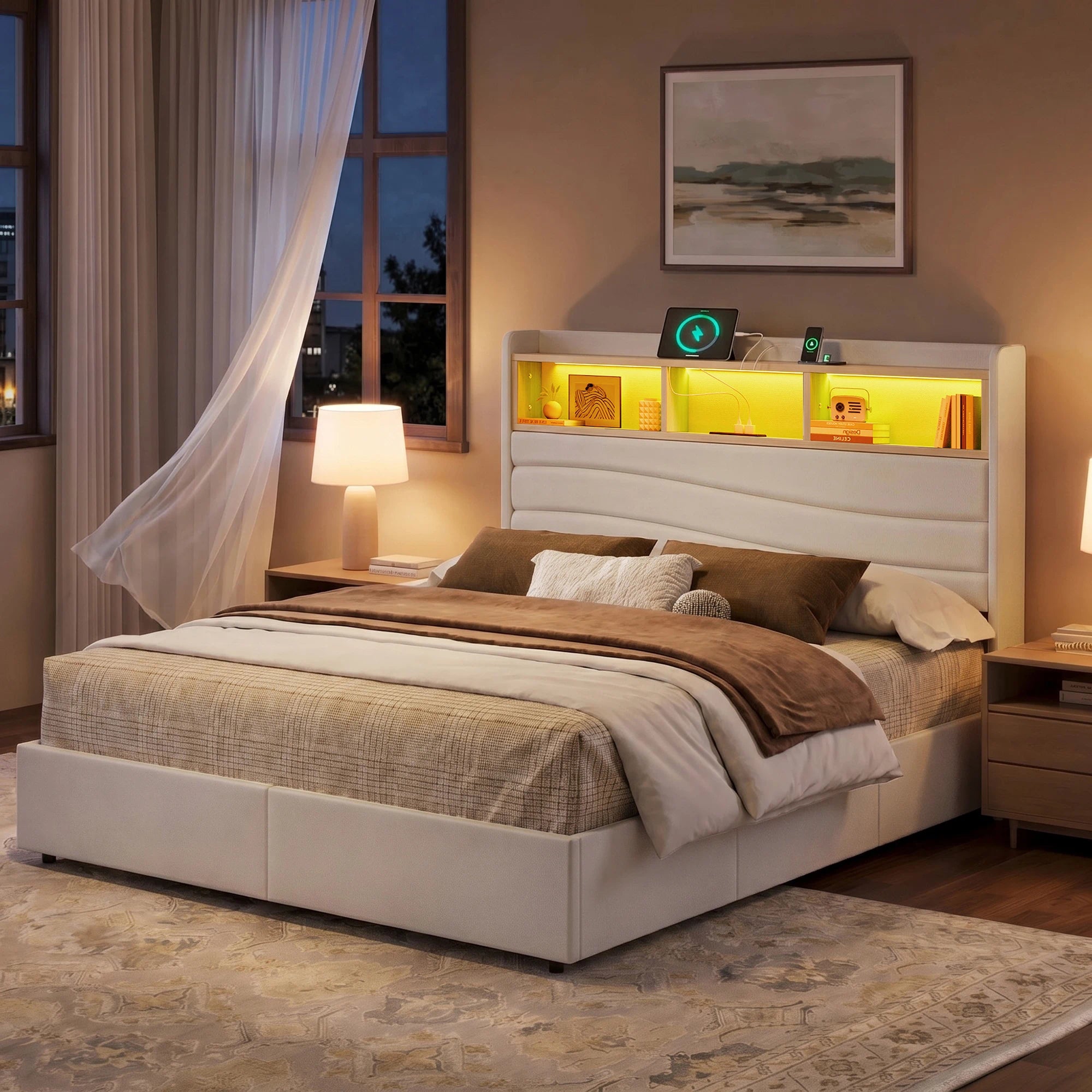 Aura beige upholstered storage bed frame with a warm LED open shelf headboard in a nighttime bedroom.