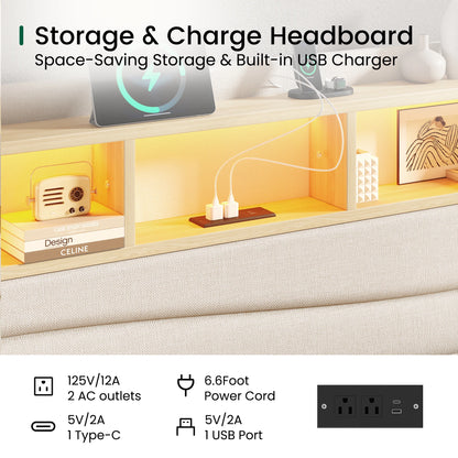 Close-up of the Aura beige upholstered bed frame with an open shelf headboard, two outlets, USB and USB-C charging.