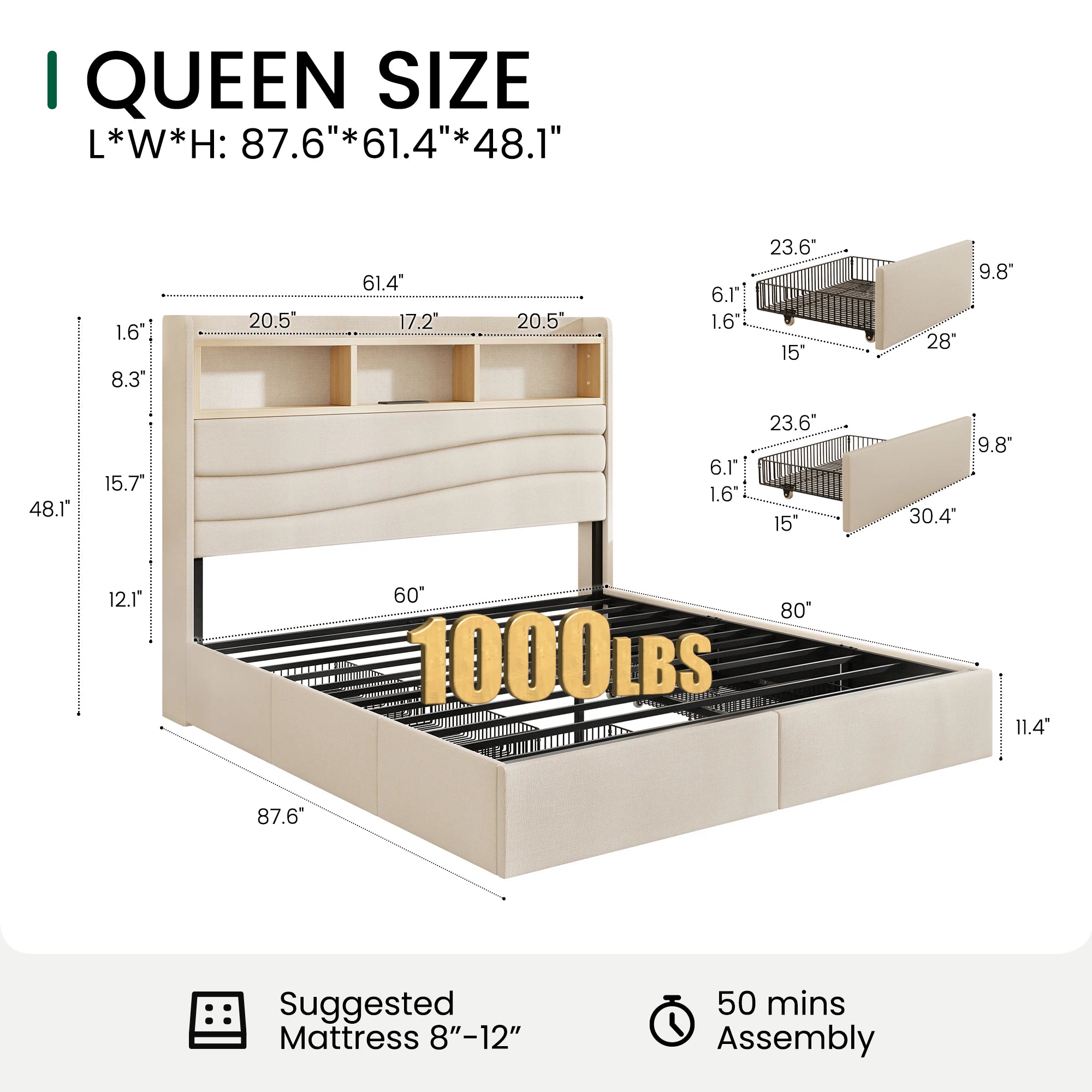 Queen size dimensions of the Aura beige upholstered storage platform bed frame with six drawers and an open shelf headboard