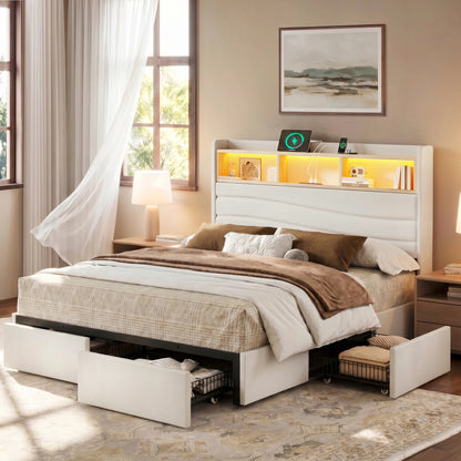 Side view of the Aura beige upholstered platform bed frame with an open shelf headboard in a bright bedroom.