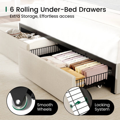 Close-up of the rolling under-bed storage drawer with smooth wheels and a locking system on the Aura bed frame.