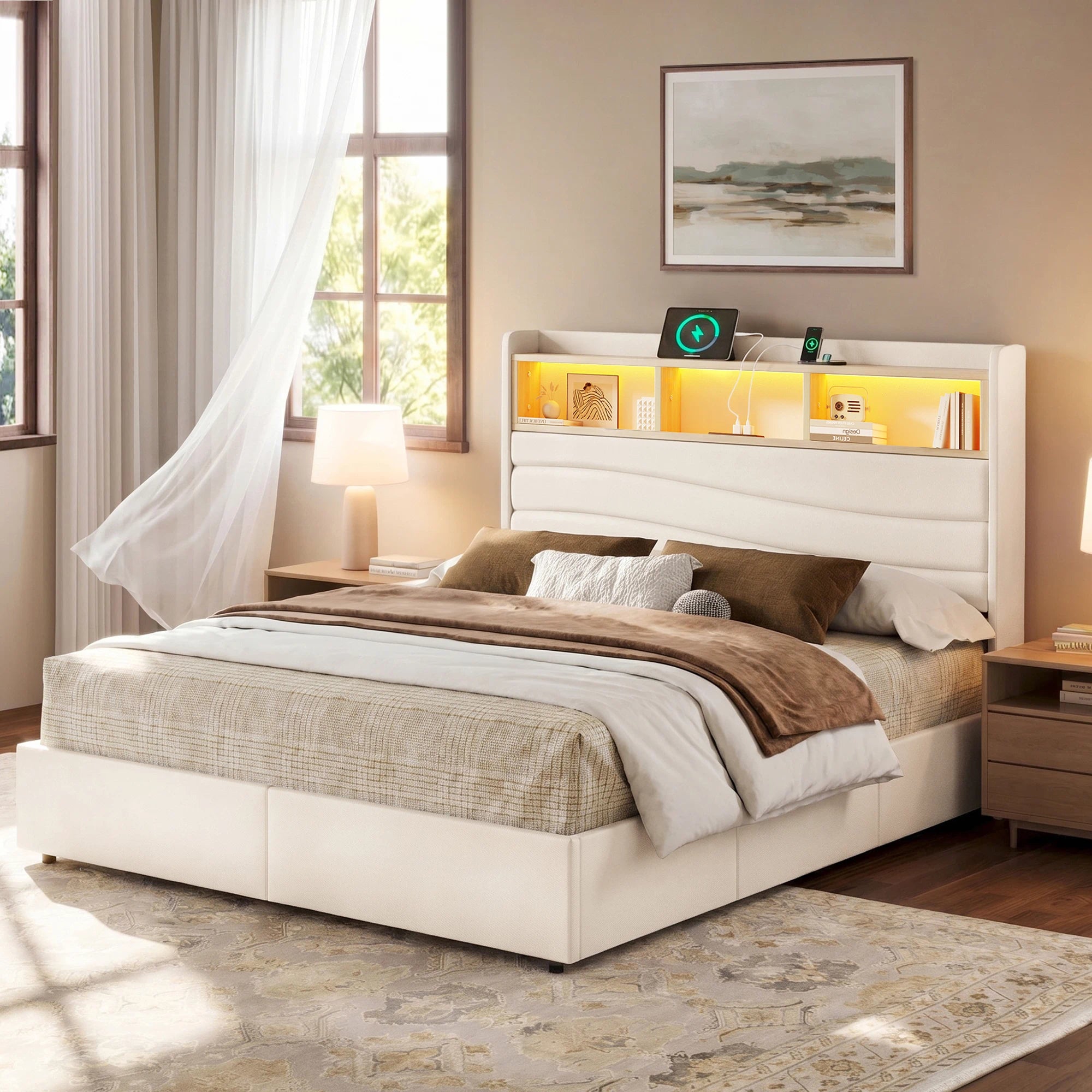A modern beige upholstered bed frame with a built-in headboard and integrated shelving, shown in a styled bedroom setting with bedding, bedside tables, lamps, and a window.
