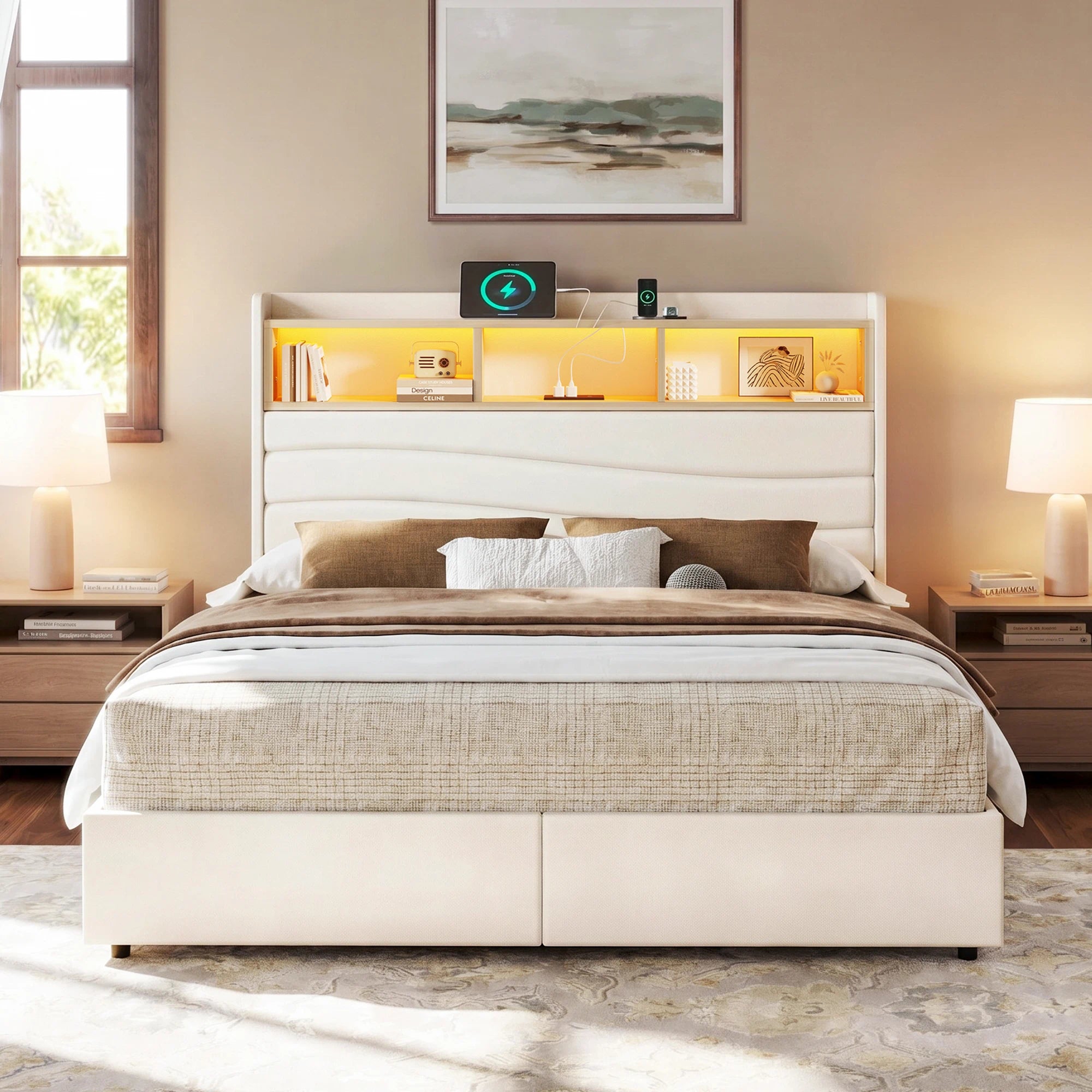 Front view of the Aura beige upholstered storage bed frame with a sculpted headboard and two footboard drawers.
