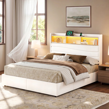 Side view of the Aura white upholstered platform bed frame with an open shelf headboard in a bright bedroom.