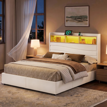 Aura white upholstered storage bed frame with a warm LED open shelf headboard in a nighttime bedroom.