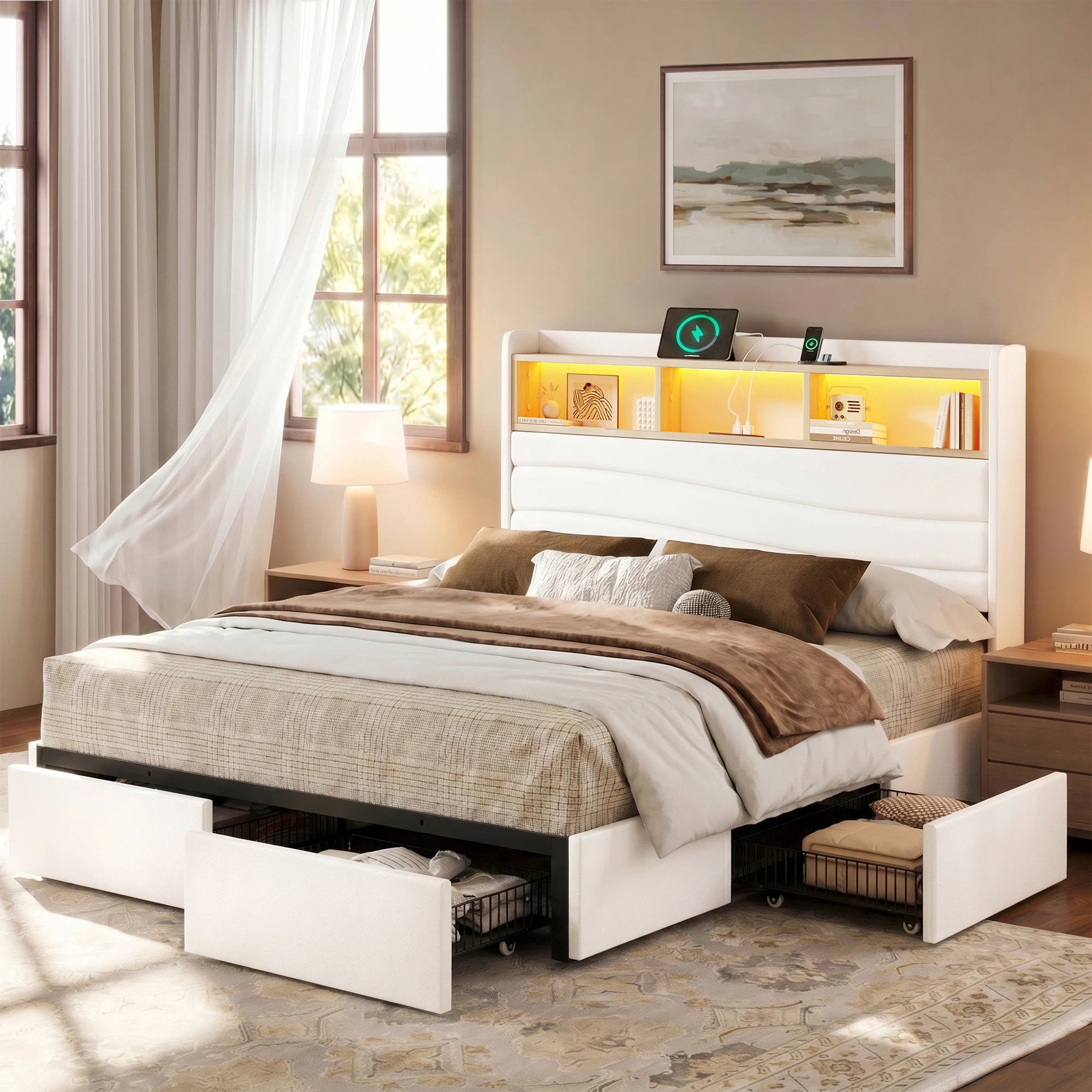Top view of the Aura white upholstered storage platform bed frame with six rolling drawers open beneath the bed.