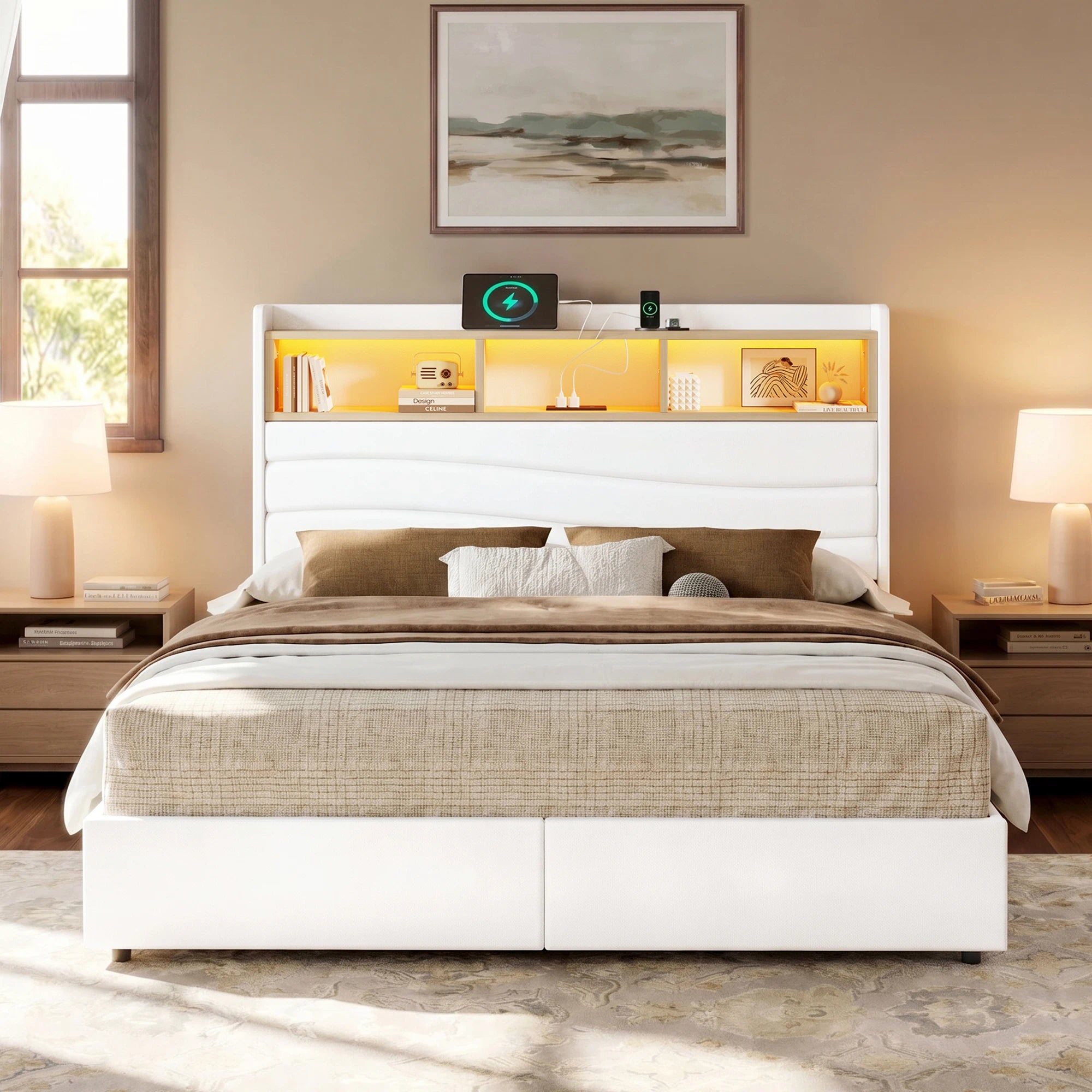 Front view of the Aura white upholstered storage bed frame with a sculpted headboard and two footboard drawers.