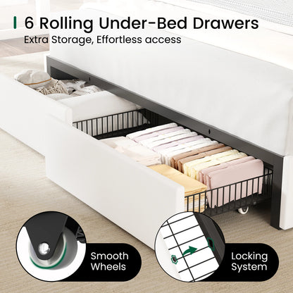 Close-up of the rolling under-bed storage drawer with smooth wheels and a locking system on the Aura bed frame.