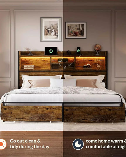 Strato Wood Bed Frame Storage Headboard with Charging Station and 6 Drawers