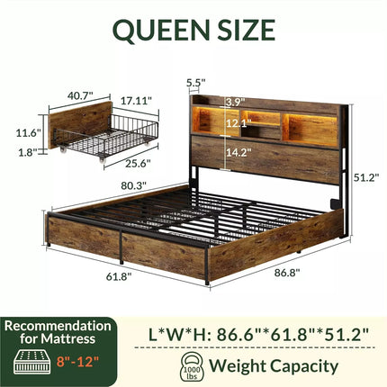 Strato Wood Bed Frame Storage Headboard with Charging Station and 6 Drawers