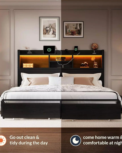 Strato Wood Bed Frame Storage Headboard with Charging Station and 6 Drawers