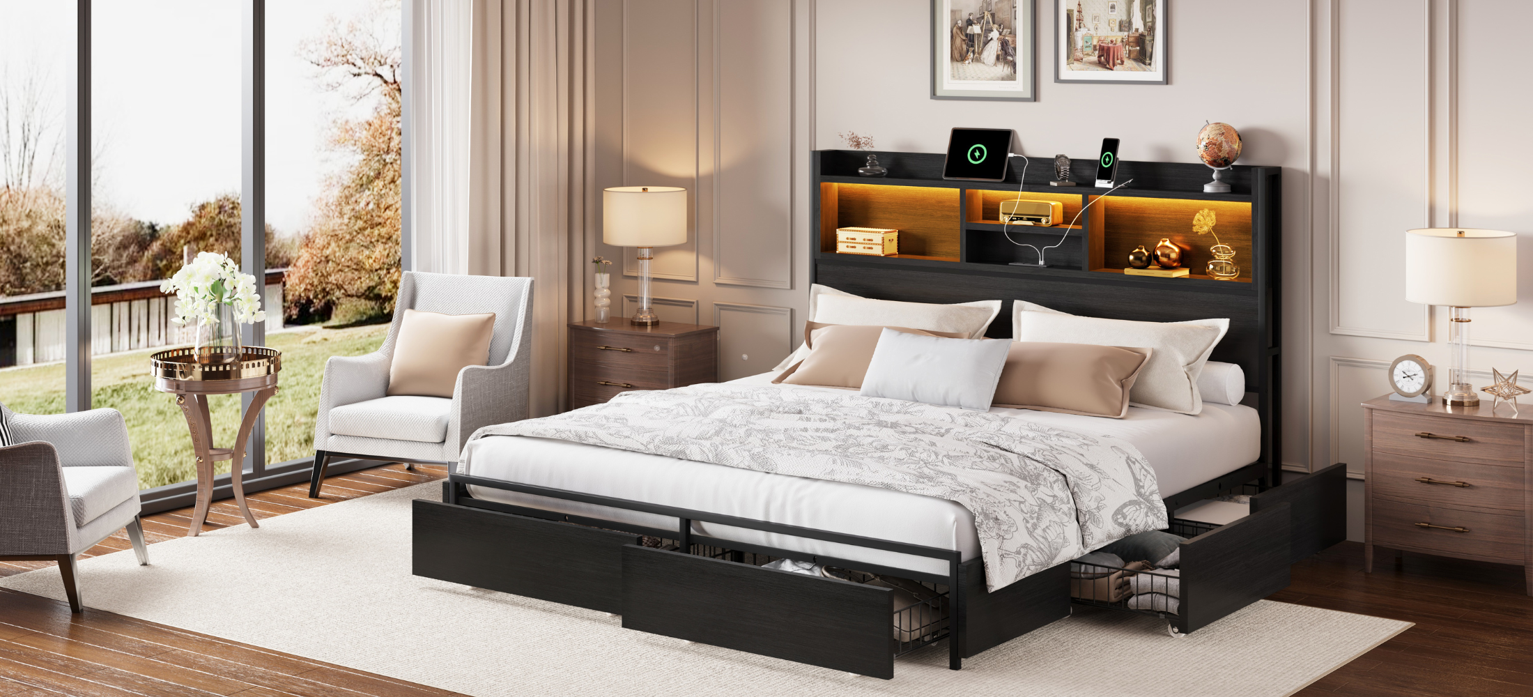 Bed Frame with Headboard Bookcase