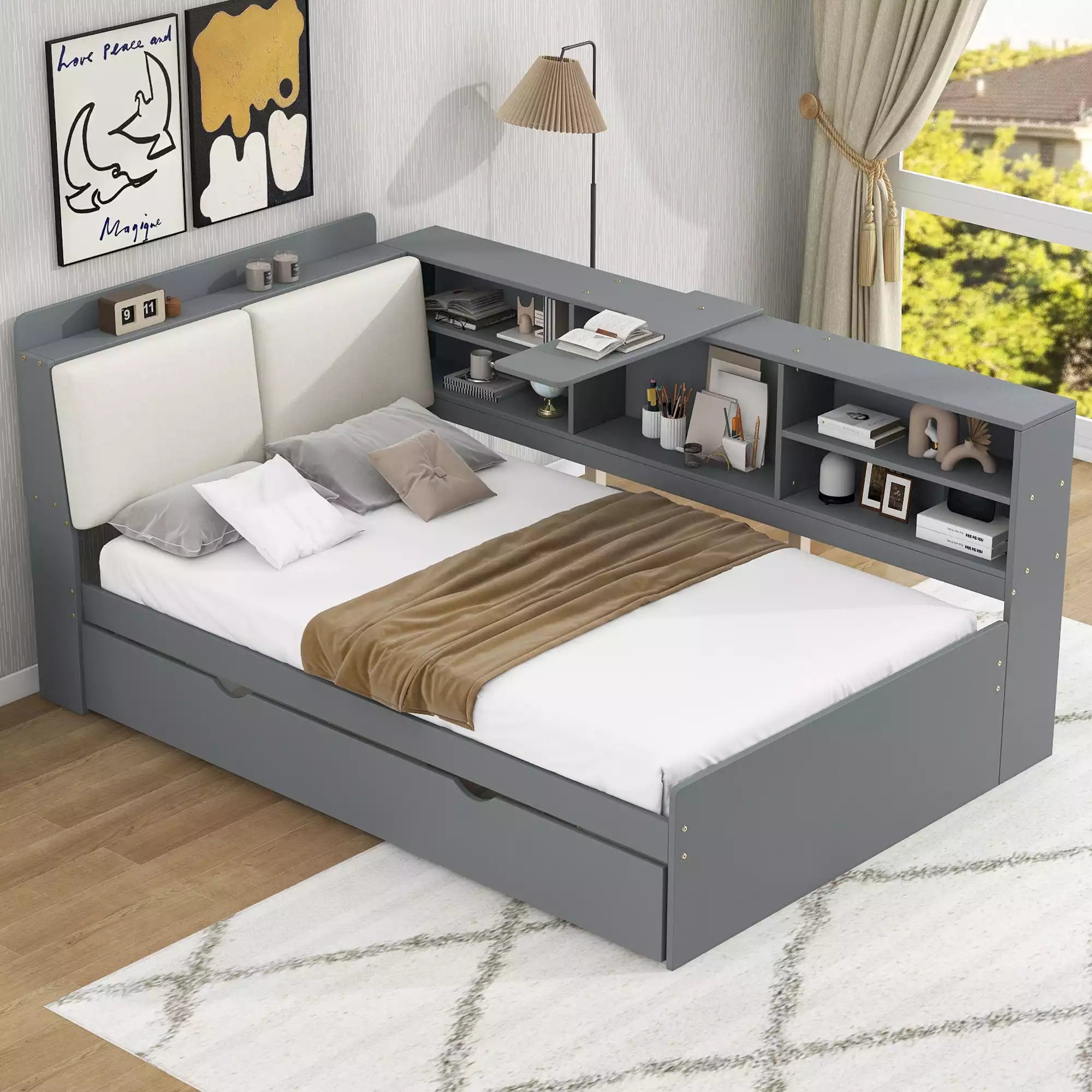 Cubix Wood platform Daybed with Trundle, Shelves and Storage Headboard
