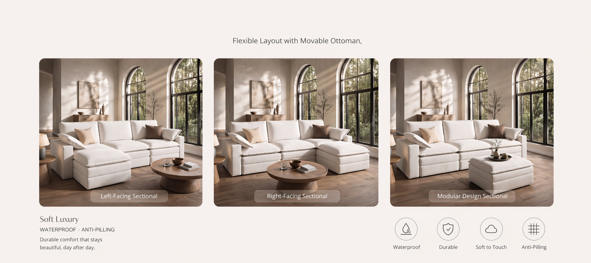 Densa modular L-shaped sectional sofa showing multiple configuration options including left-facing, right-facing, and U-shaped layouts.