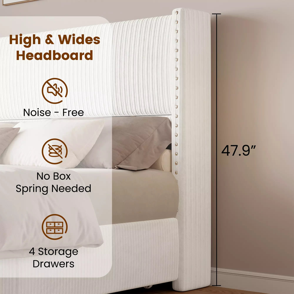 Dimensions of Elysia upholstered bed showing 47.9 inch tall headboard, noise-free design, and storage features.